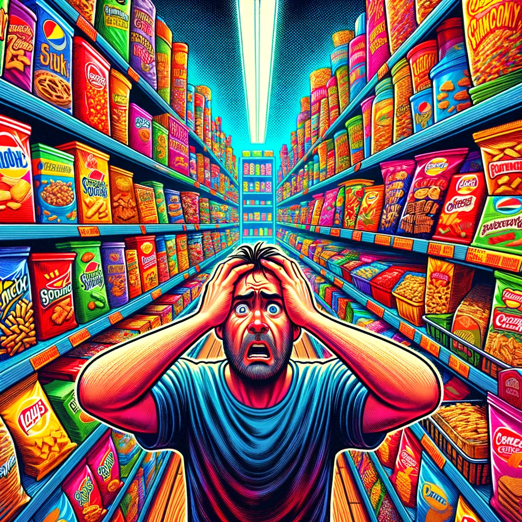 Cartoon of a man panicking amidst a sea of snack options