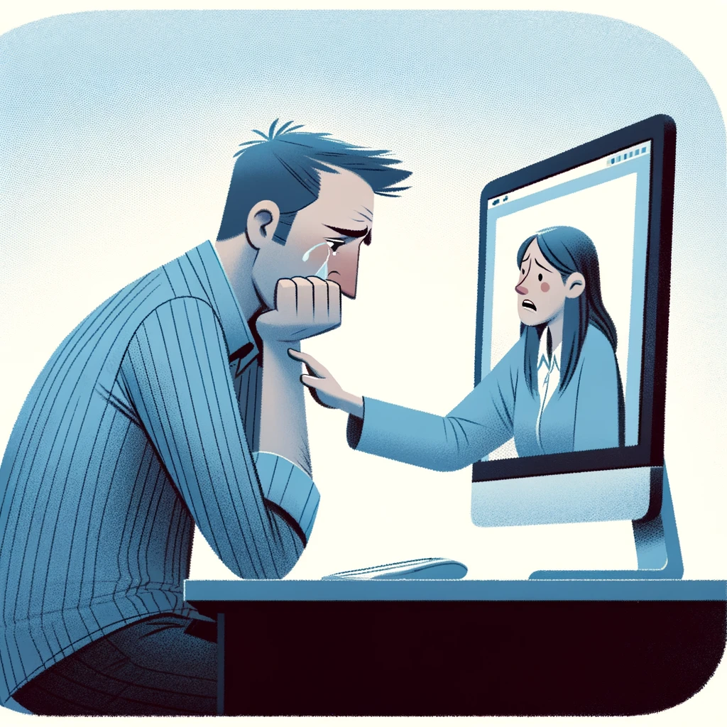 Sad man talks to woman on computer.
