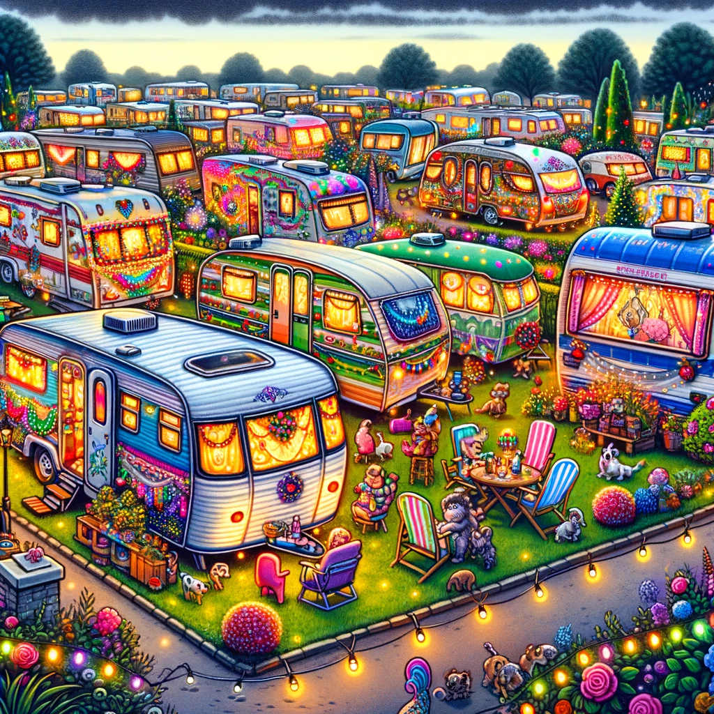 Colorful trailers and a lively community in a cartoon style.