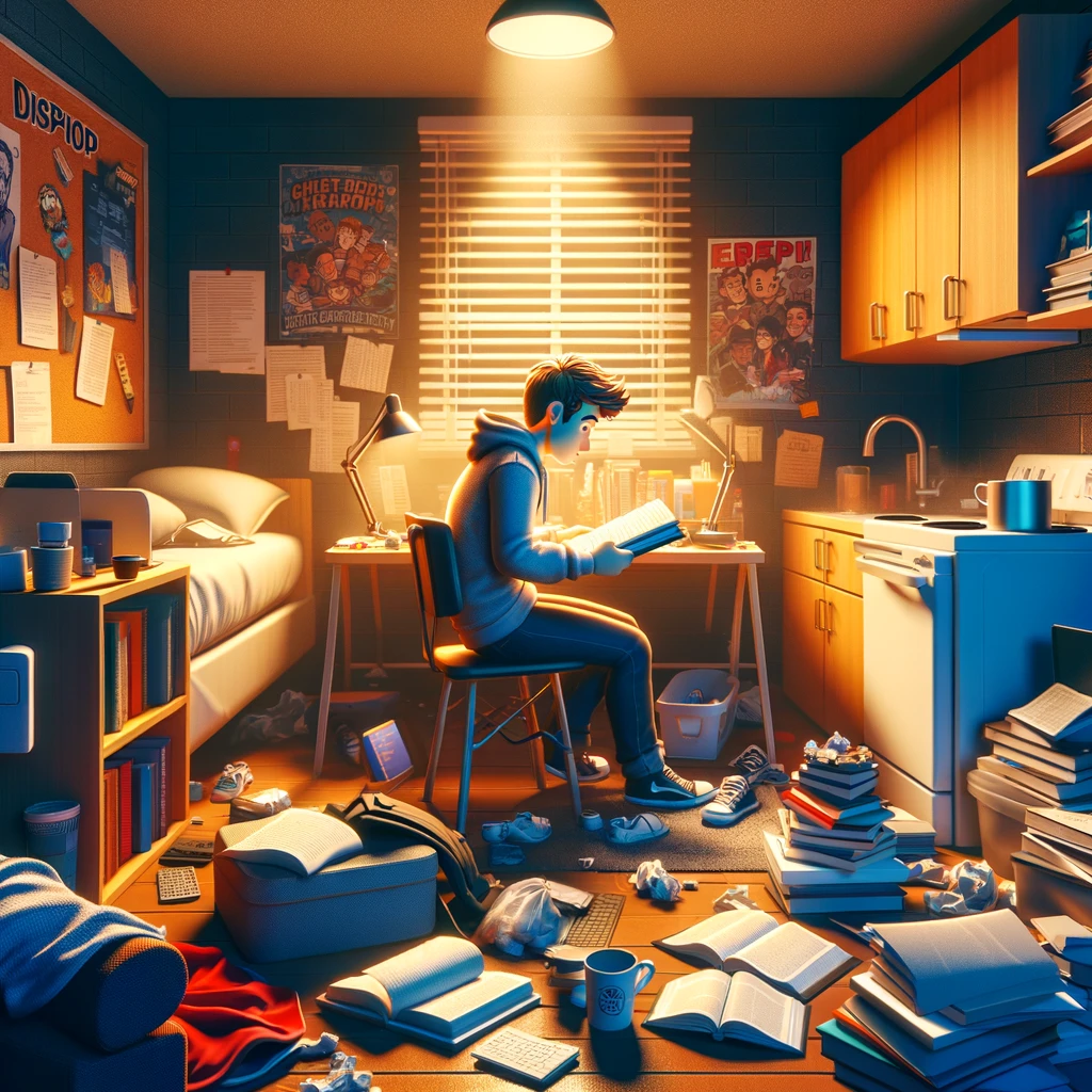 College student studying in cluttered apartment
