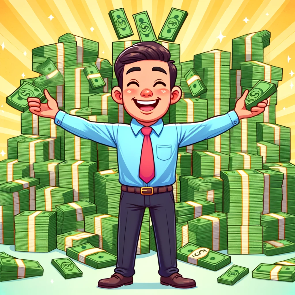 Man smiling with cash stacks.