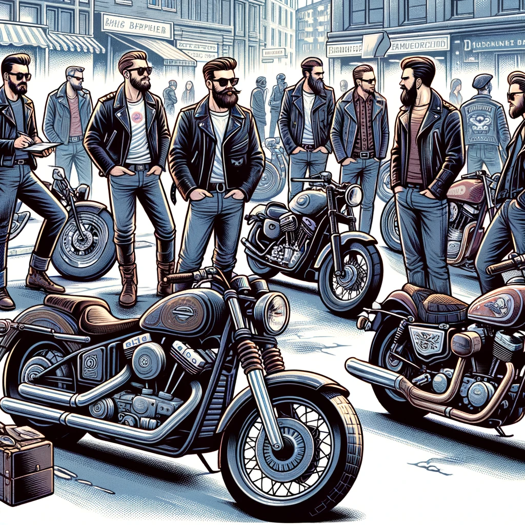 Cartoon men in leather jackets near their motorcycles, showcasing friendship and adventure.