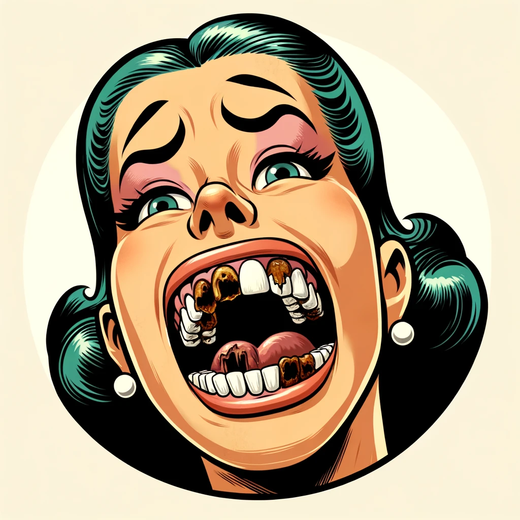 Cartoon woman exposes rotted teeth, highlighting dental health importance.