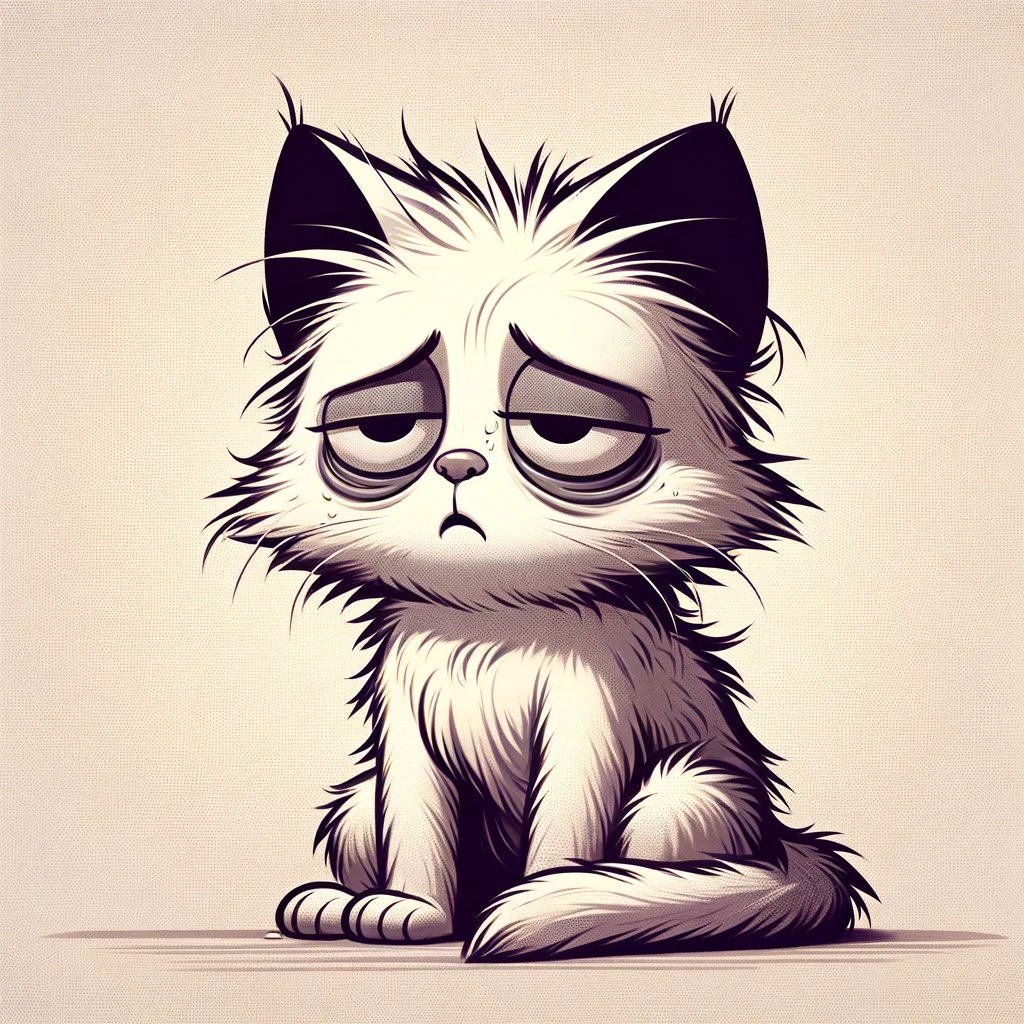 Cartoon cat with a tired, sickly look, appearing intoxicated.