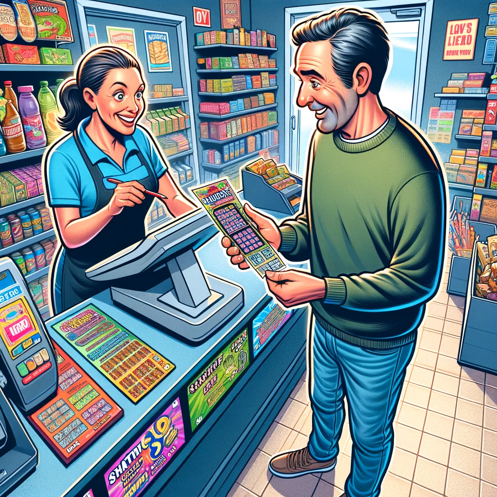 Man buys lottery ticket in a colorful convenience store.