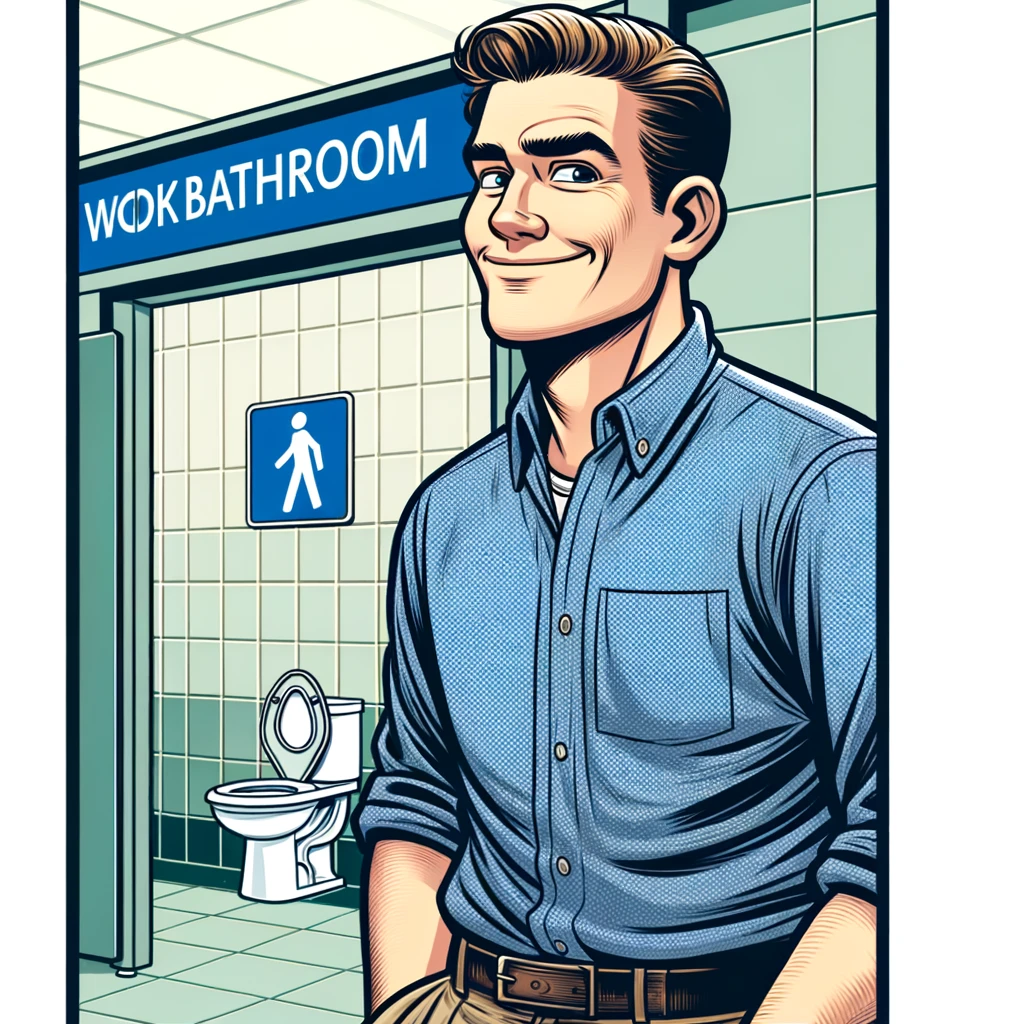 A cartoon man smirks outside a work bathroom.