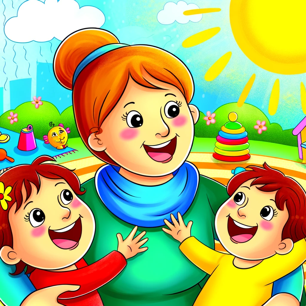 A joyful cartoon mom with her smiling, happy children.