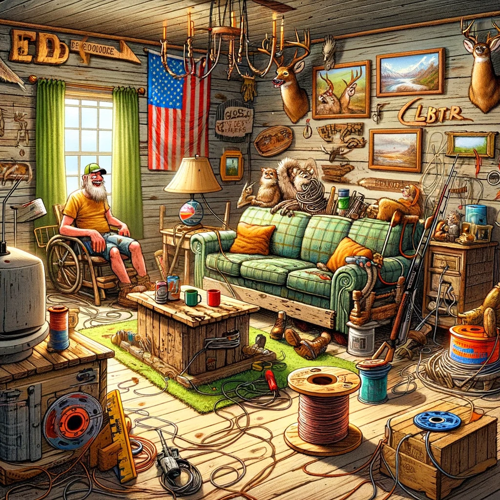 Cartoon of a 'redneck' styled living room, lively and unique