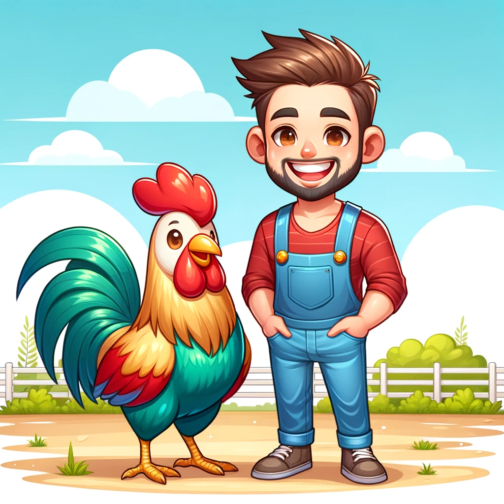 Man and rooster standing together, both smiling.