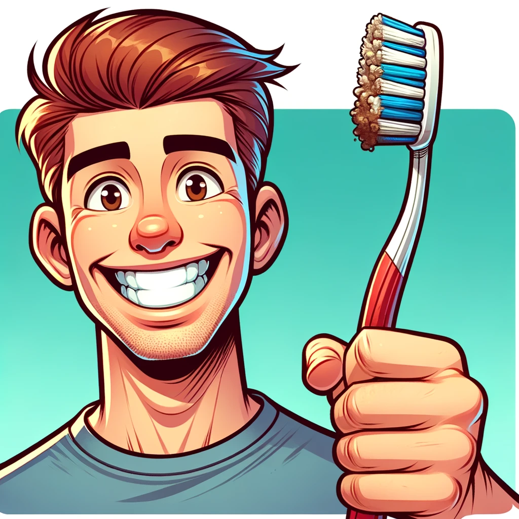 Man smiles with dirty toothbrush.