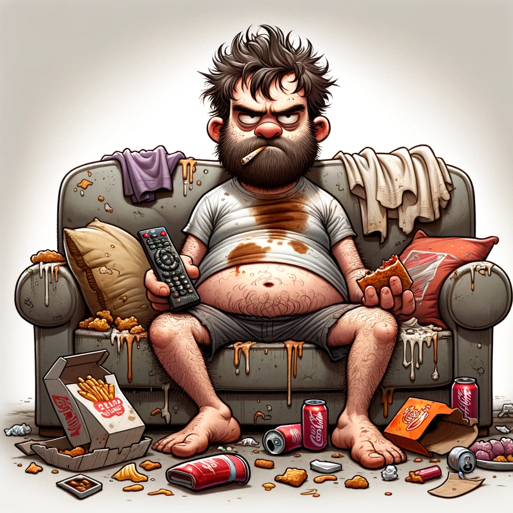 "Cartoon of a disheveled man on a messy couch