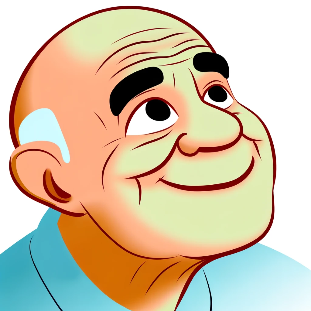 Elderly man with a bald head, smiling upwards in a cartoon.