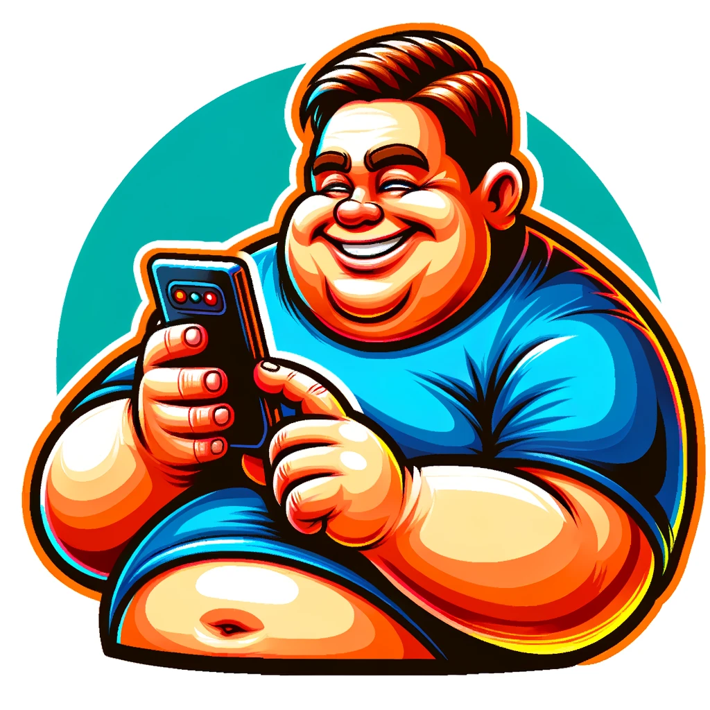 Cartoon of a happy, obese man enjoying his smartphone.