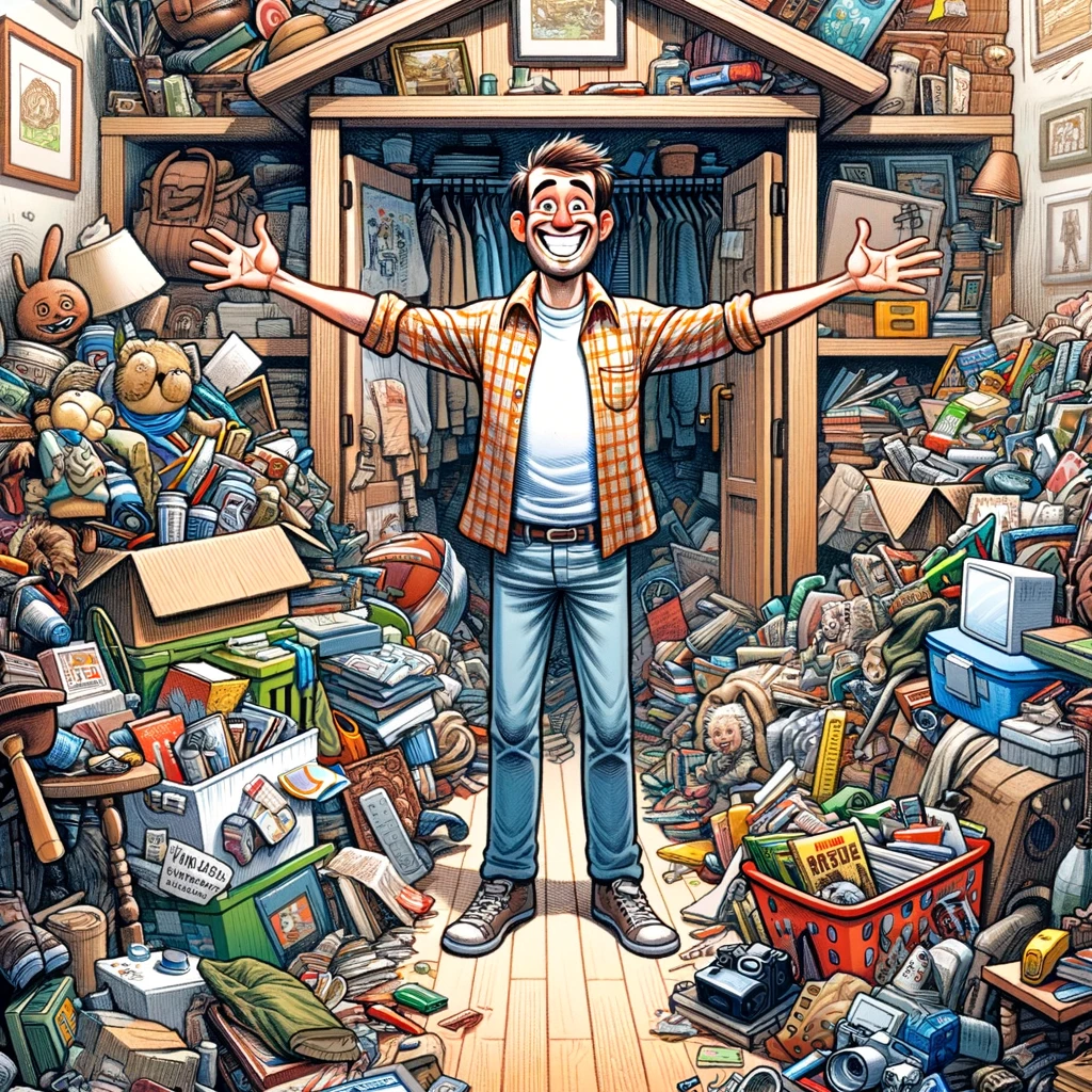 A cheerful hoarder surrounded by his beloved clutter.