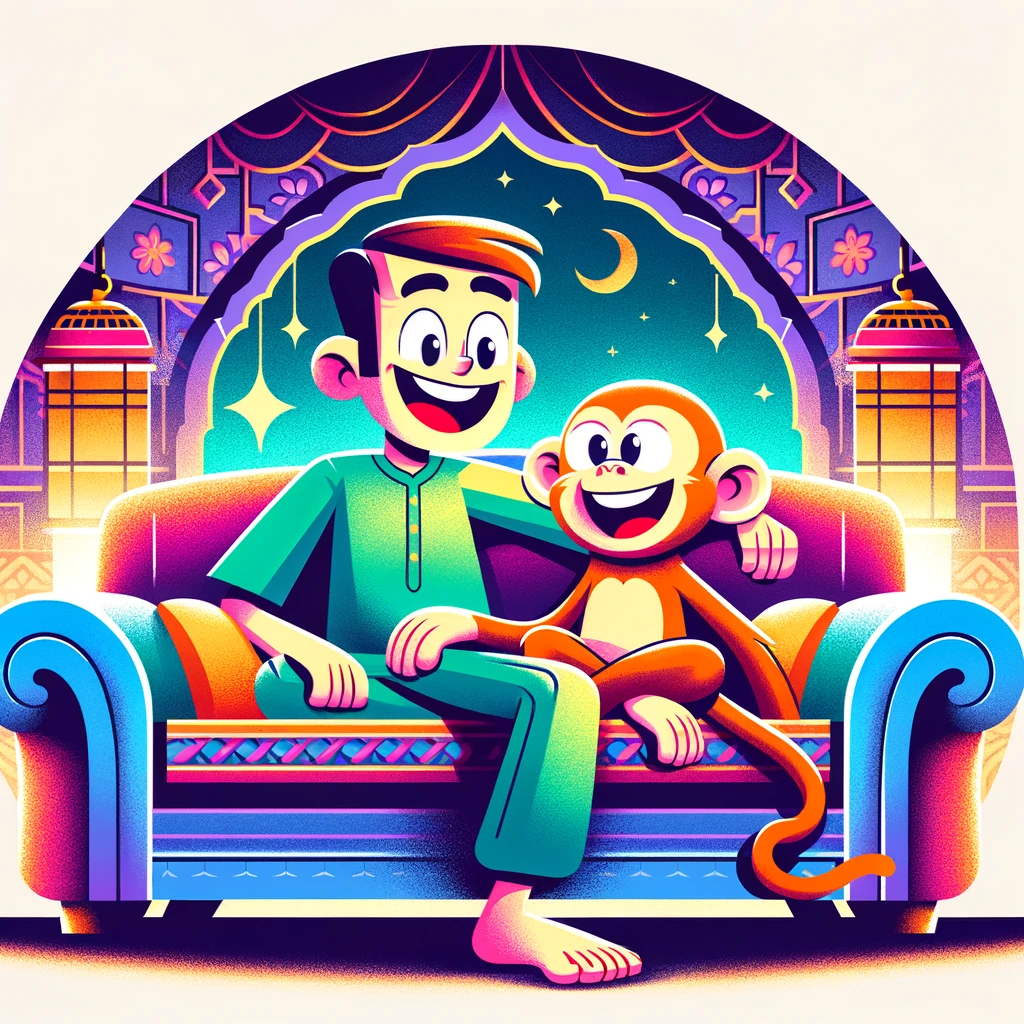Cartoon of a happy man and monkey on a couch