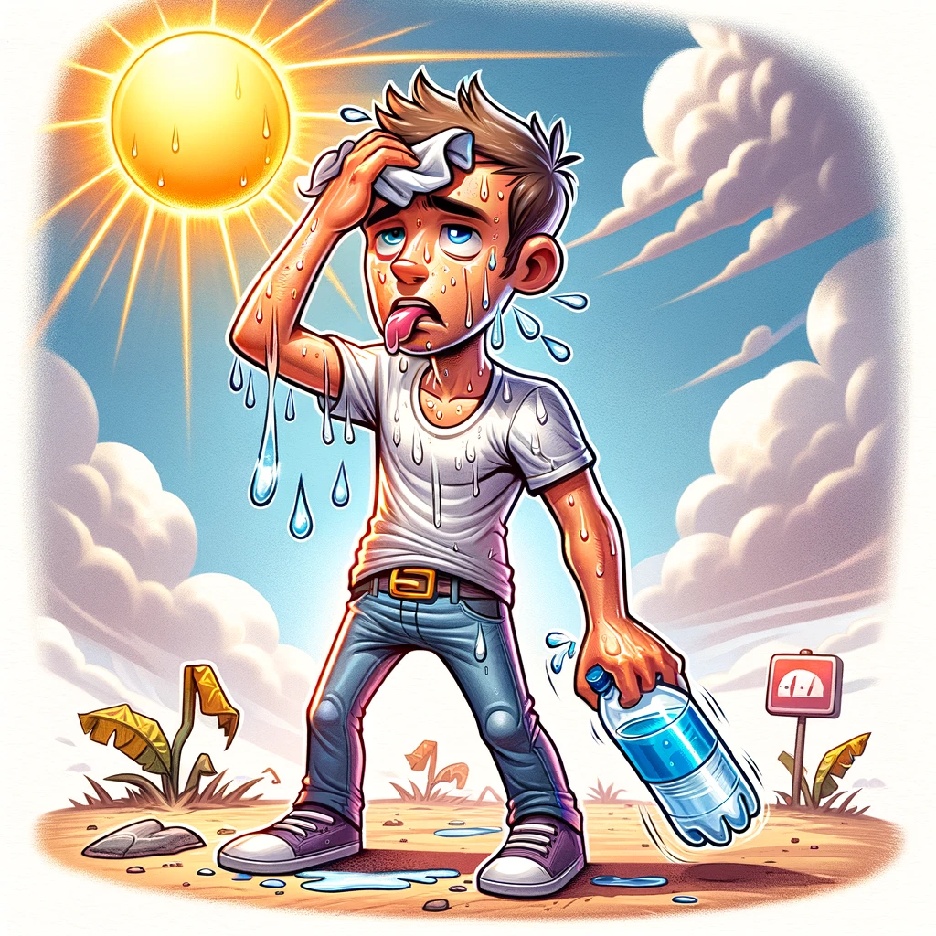 Cartoon man sweating under the sun, looking dehydrated.