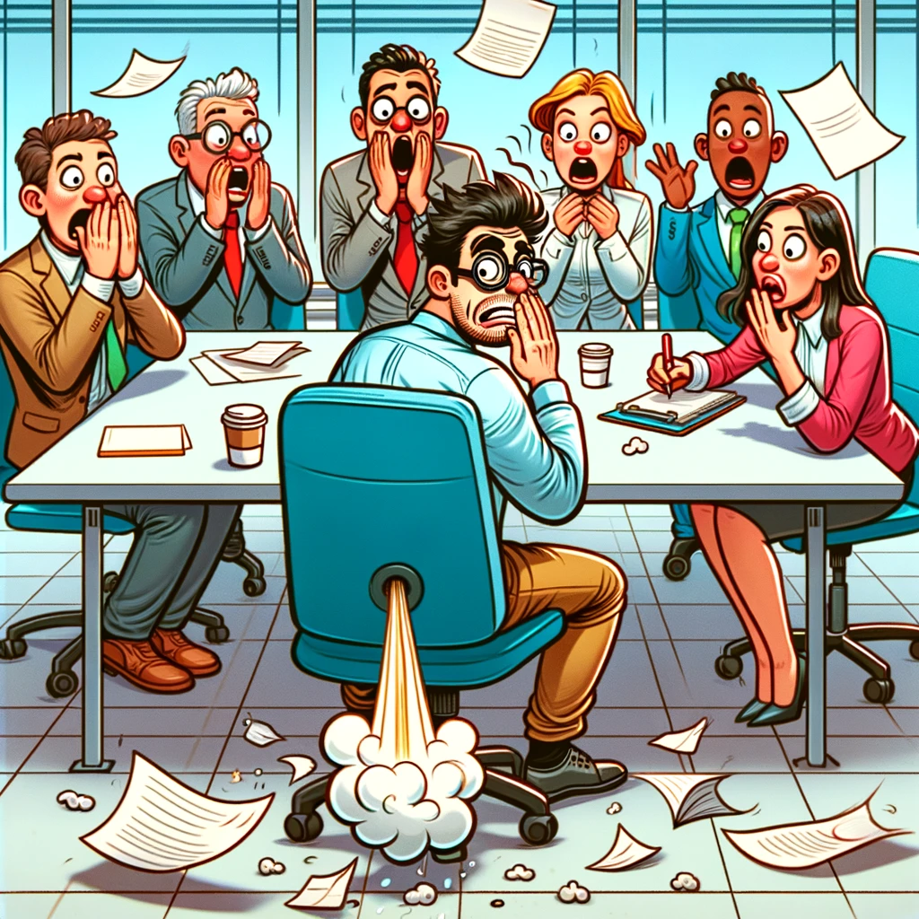 A cartoon of a man farting at an office meeting.