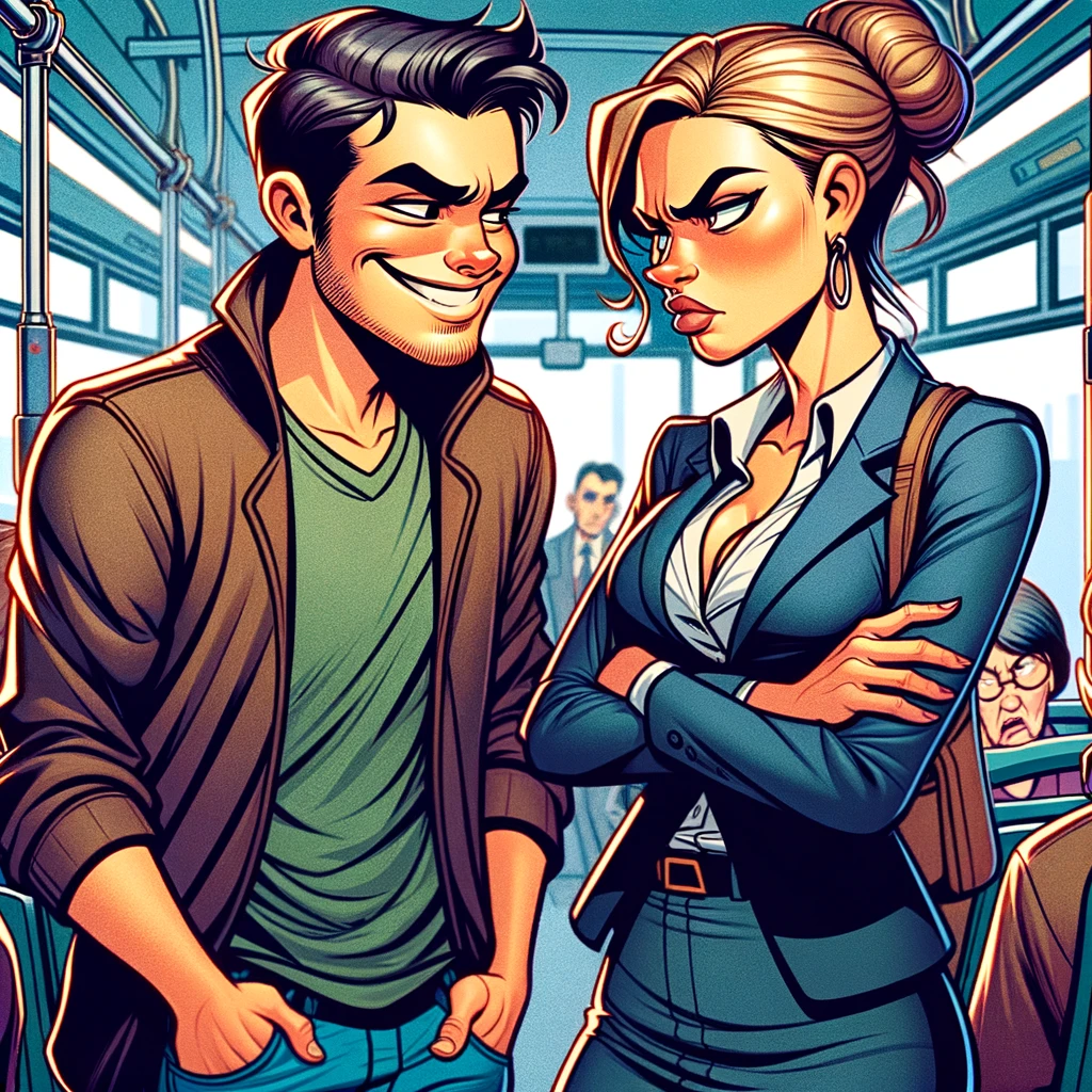 Sly man and angry woman standing on a crowded bus.