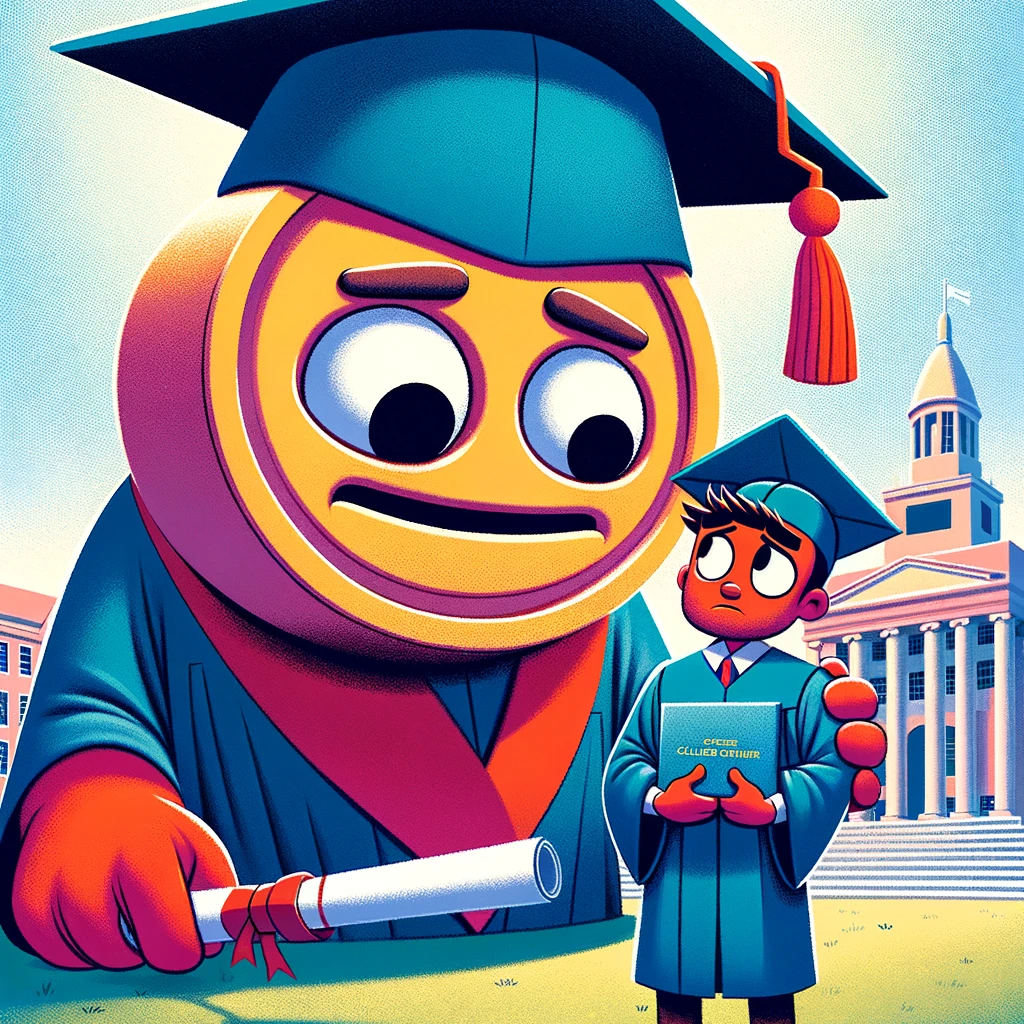 A cartoon of a student loan overshadowing a worried graduate