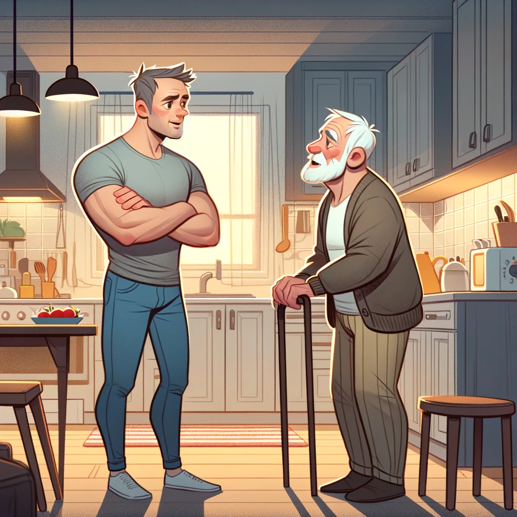 Two men share a moment in a cozy kitchen setting.