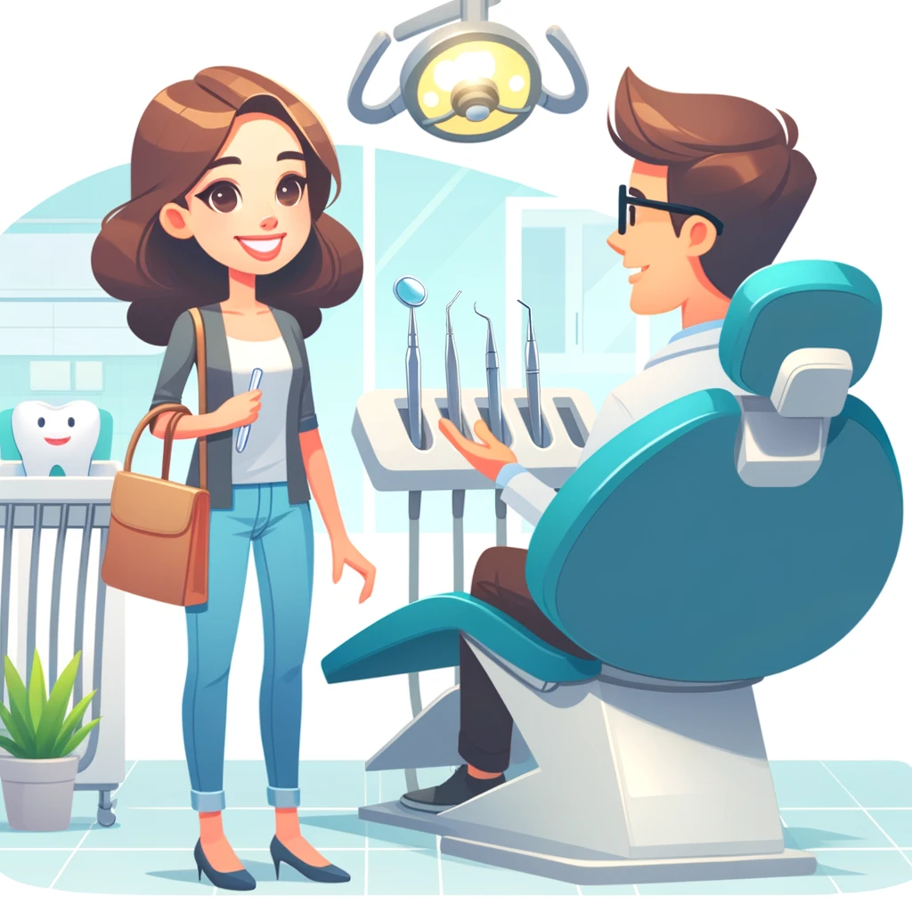 Woman discusses dental care with a smiling dentist.
