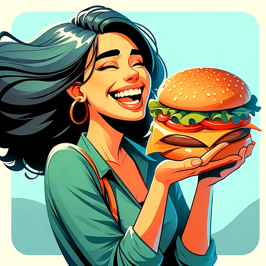 A woman smiling as she eats a delicious cheeseburger.