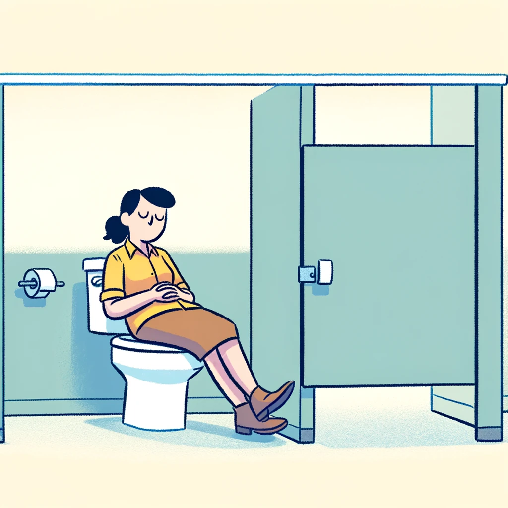 Cartoon of a woman napping peacefully in a public restroom.