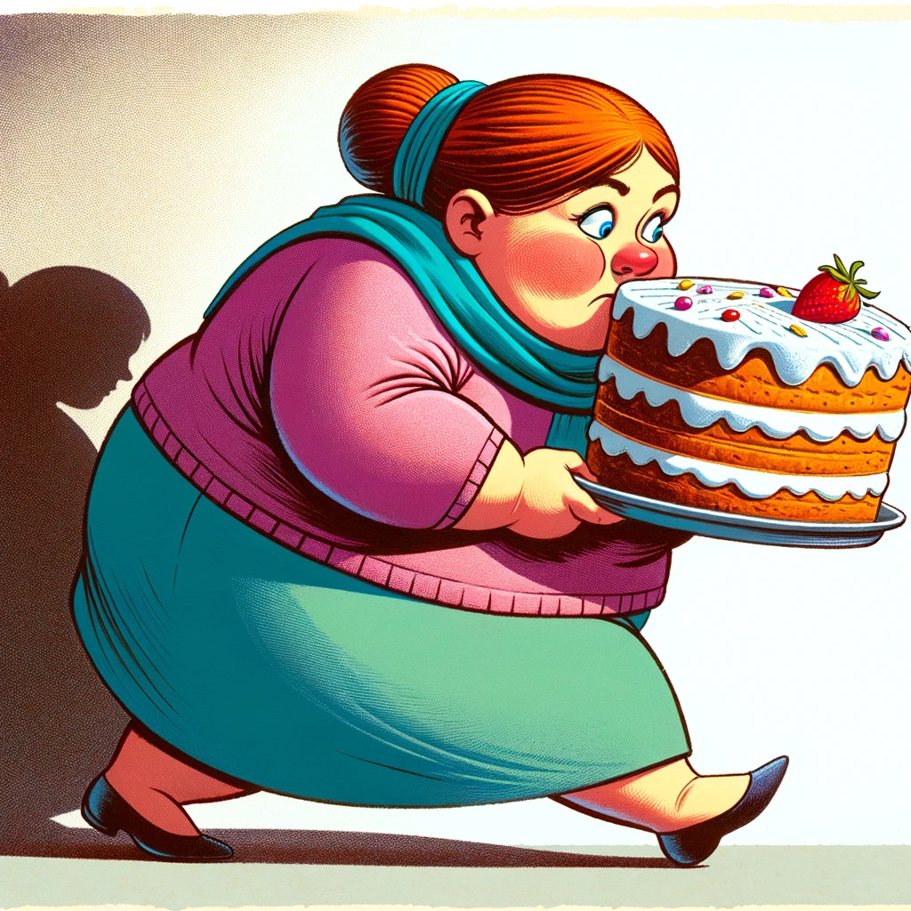 Cartoon of a woman enjoying a secret slice of cake
