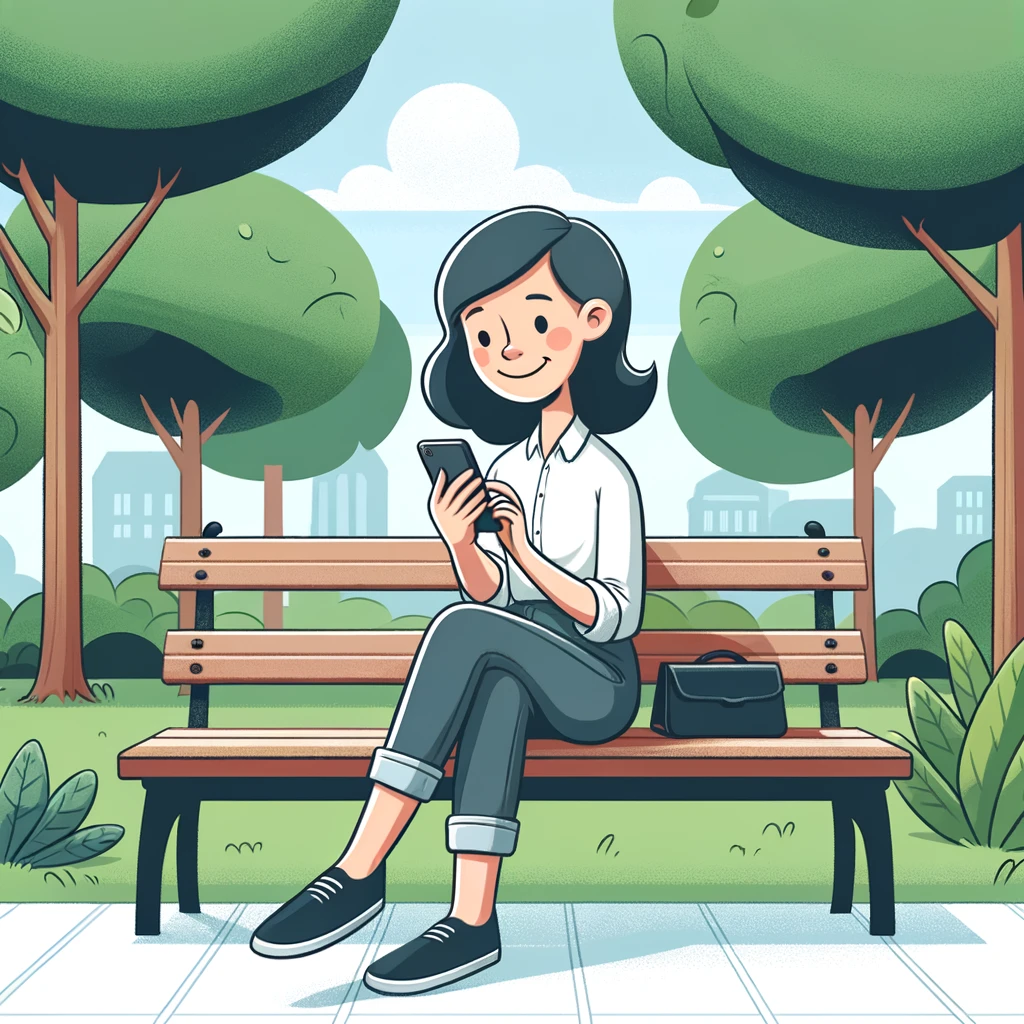A woman smiles using her smartphone on a serene park bench.