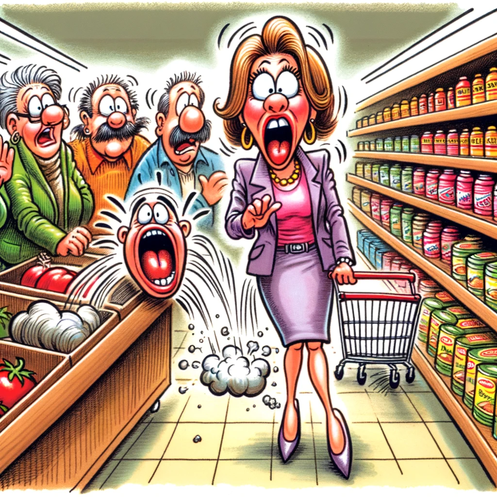 Cartoon of woman farting, causing laughter in a grocery store.